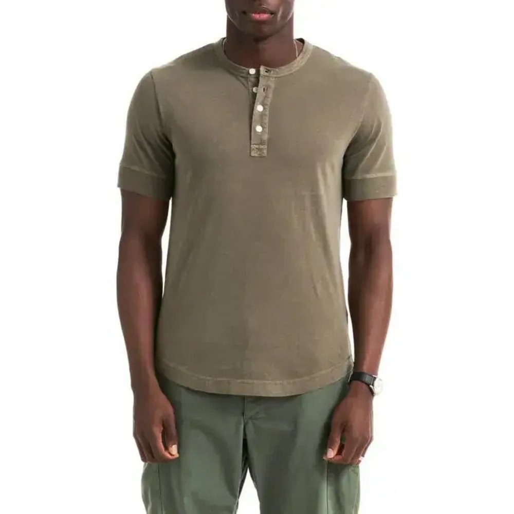 Buck Mason Curved Hem Henley Tee Shirt Mens S Army Green Short Sleeve BM11009